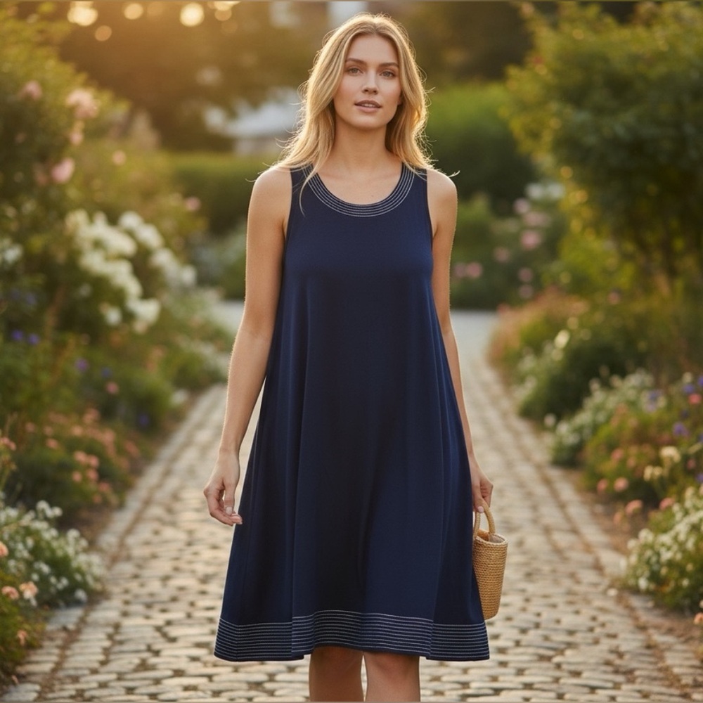 LOFT Navy Swing Dress with Contrast Stitching